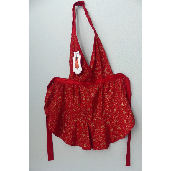NWT Envogue Holiday Bib Apron Red Gold Flower Pocket Gift Classic - Picture 2 of 6